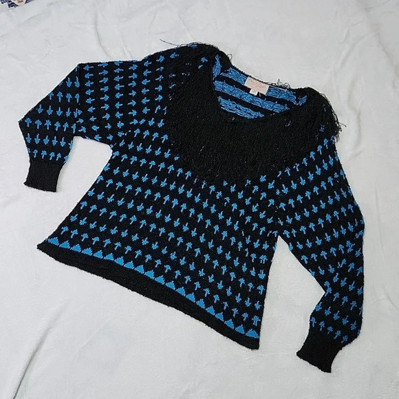 Vintage French Rags Hand Loomed Knit Sweater & Skirt Set Black Blue Fringe Size - Picture 3 of 13